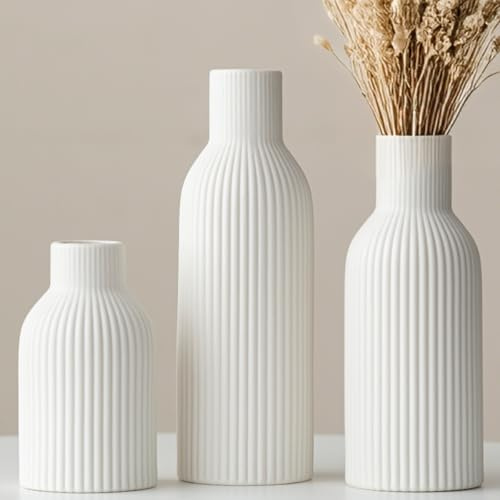 Juego de 3 jarrones decorativos de cerámica acanalados en colores pastel para salón (blanco)