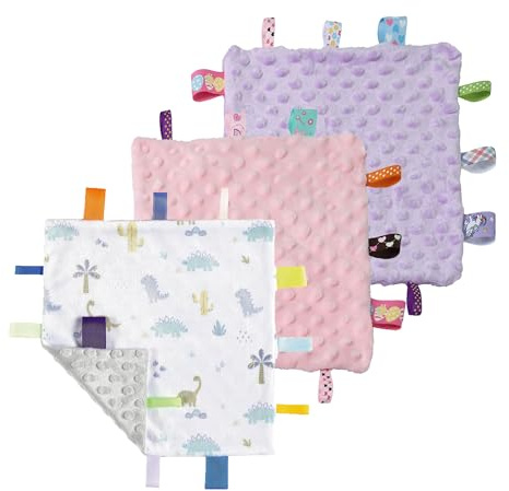 CREVENT Tag Security Blankets for Babies, Soft Small Loveys for Boys, Baby Comforter Sensory Blanket, Great Gifts for Birthday Baby Shower (24X24cm Dino + Pink + Purple)