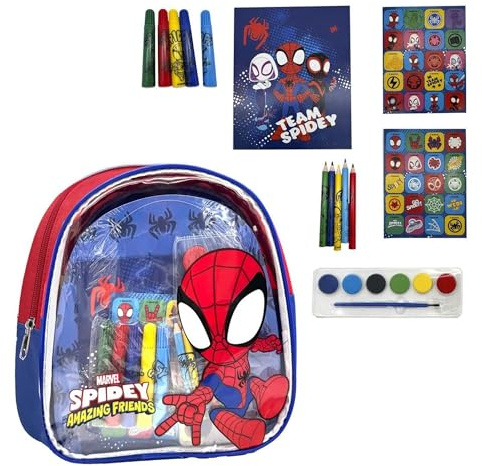 CERDÁ LIFE'S LITTLE MOMENTS Set Escolar Spidey y Sus Amigos Asombrosos Mochila Transparente con Útiles y Accesorios de Arte - Mochila Pinturas Spidey con Cuaderno, Colores, Acuarelas y Stickers