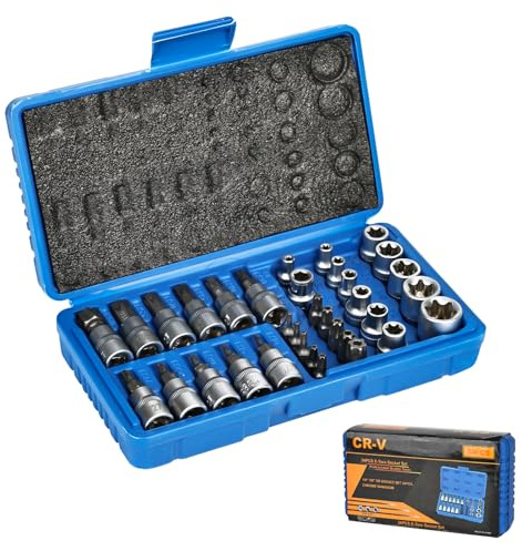 Lot de 34 douilles professionnelles pour l'intérieur et l'extérieur - Jeu de douilles Torx + embouts Allen - Douille E4-E20 - T10-T60 - Douilles en acier CrV pour voiture, moto et industrie