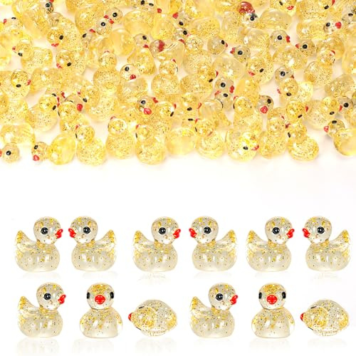 Cozary 100 Pezzi Mini Anatre in Resina, Miniatures Resina Anatra Figure, Paperelle Mini per Acquari, Giardino Ornamento in Miniatura Paesaggio Decorazione DIY Artigianato,Glitter Giallo
