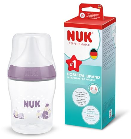 NUK Perfect Match Babyflaska | 0+ månader | 150 ml | Anti-kolikmatningsflaska | PP | Temperaturindikator | Flodhäst | 1 styck