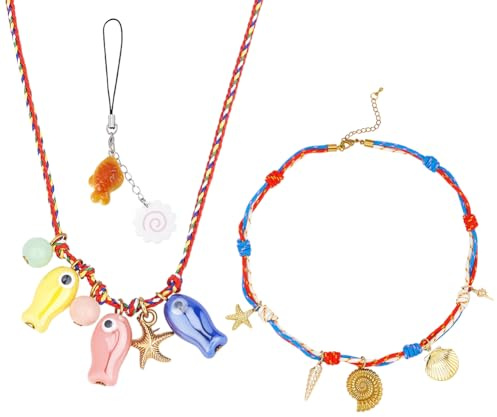 PH PandaHall 3 stilar havsfisk snäcka smyckesset, snäckskal halsband fisk halsband nyckelring berlocker trendig handflätad rep snäcka halsband för strandfest alla hjärtans dag jul smycken present