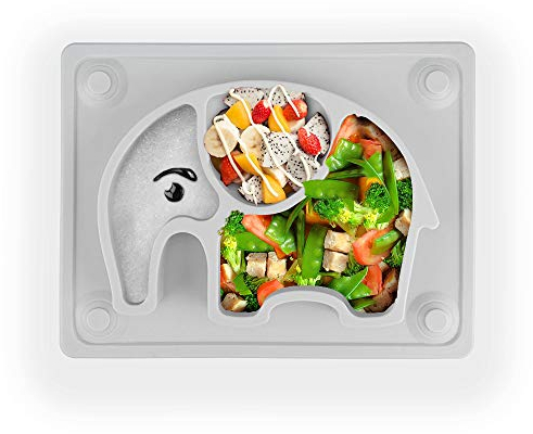 Kinderteller mit Saugnapf, SILIVO Silikon Baby Teller mit Saugnapf, kinderteller rutschfest, babyteller saugnapf Geeignet für die meisten Hochstuhl baby (Grau Elefanten)