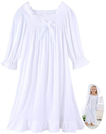 CHUNG Little Big Girls Vintage Victorian Nighties Modal Long Sleeve Lace Square Neck Nightdress Princess Nightgown