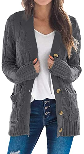 Maavoki Strickjacke Damen Herbst Cardigan mit Knopfleiste Langarm Strick Warm Winter Strickmantel mit Taschen, Dunkelgrau L