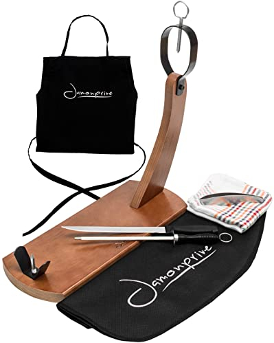 Porta Prosciutto Professionale Laccato + Coltello + Affilacoltelli + Copri Prosciutto + Panno + Grembiule + Pinza - Portaprosciutto Ideale per Jamon Serrano, Iberico e Prosciutto Italiano