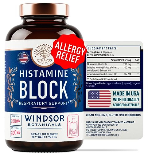 Histamine Blocker for Allergies - Quercetin, Stinging Nettle Flavonoids Natural Antihistamine Tablets - Allergy Relief Supplements & Antihistamines for Adults - 60 Vegan Histamine Block Capsules