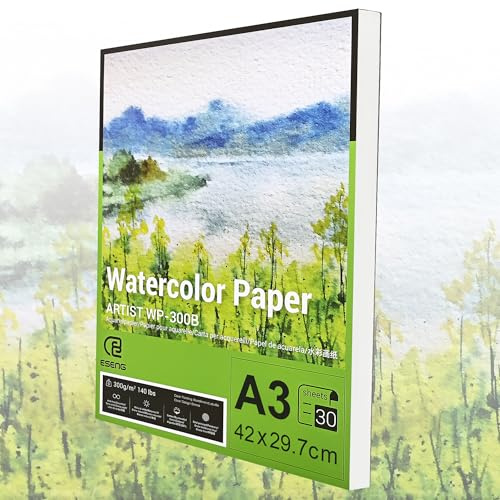 ESENG® Carta ad acquerello premium DIN A3, 100% cotone, 30 fogli, 300 g/mq, colore bianco, blocco ad acquerello, blocco da colorare per acquerello, disegno, pittura