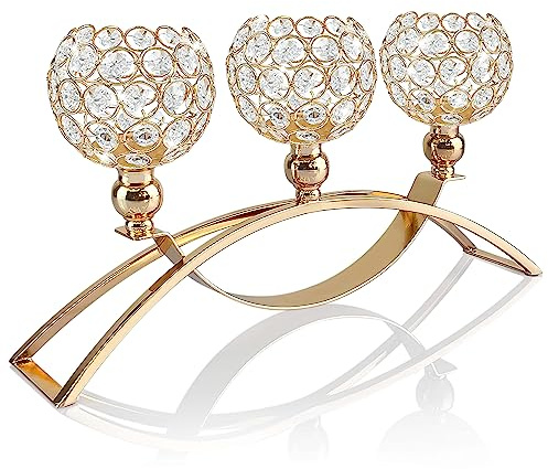 Crystal Candle Holders, Tealight Candlestick Candelabra Stand with 3 Arms,Candle Holder for Wedding Home Decor/Table Centerpiece Party Decoration (Gold)