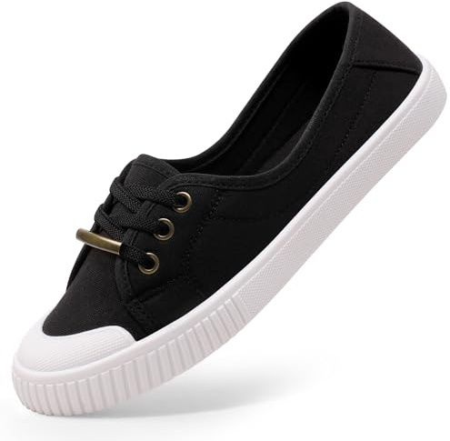 Harvest Land Womens Canvas Shoes Low Top Flat Gym Sports Pumps Trainers Lace Up Flat Ladies Girls Fashion Pumps Black UK 7.5