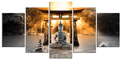 decomonkey - Tableau Acoustique Bouddha 200x100 5 Pièces - Impression sur Toile Décoration Maison Isolation Peinture Phonique Déco Bureau Bouddha bouddhisme arbres nature orienter eau cascade zen