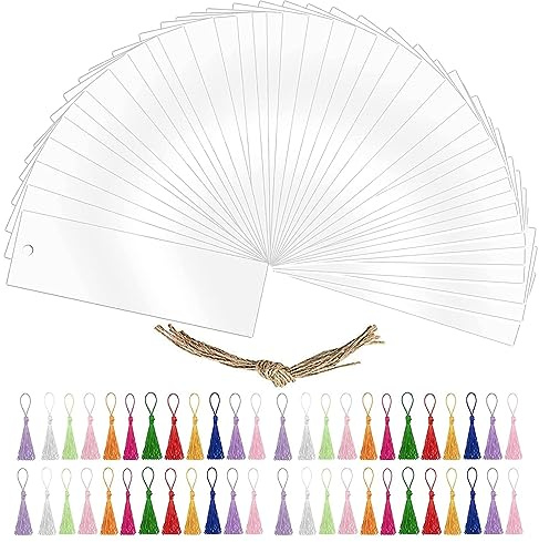 66Pcs Marque Page Acrylique Transparent, BetterJonny 30 Marque-pages Vierges Marque-Pages Rectangulaire en Acrylique avec 36 Pompons DIY Marque Page pour Peinture Loisirs Créatifs, 12 * 3.2cm