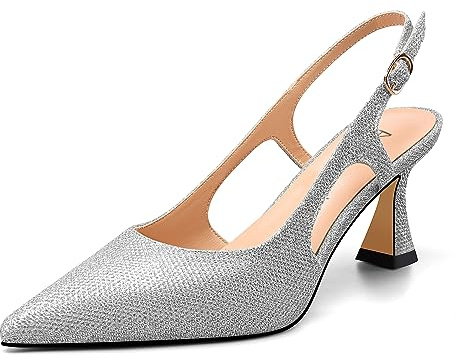 Aachcol Donna Slingback Medio Spillo Tacco Heel a Punta Pumps Glitter Dress Fibbia Cinturino alla Caviglia Ballo 6.5 CM Heels Argento 44 EU