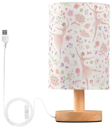 YYZZH Floral Dancing Ballerina Ballet Dancer Pink Pastel Color Flower Table Lamp with Wood Base Fabric Lamp Shade Bedside Nightstand Desk Lamp for Living Room Bedroom Kids Room Office