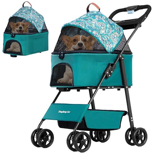 YEALEO Reisekinderwagen für Haustiere. Faltbarer Hunde- und Katzenwagen für kleine/mittelgroße Hunde mit geräumigem Aufbewahrungskorb, Sicherheitsgurt & Getränkehalter (Grün)