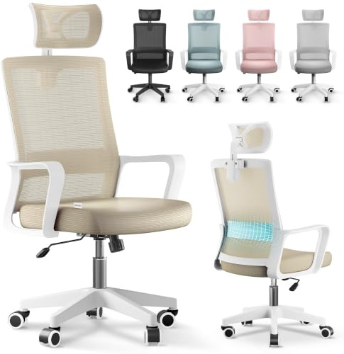 JUPPLIES Silla Escritorio Ergonomica - Silla Oficina Ajustable y Reclinable con Soporte Lumbar, Reposacabezas Ajustable, Malla Transpirable, Ruedas Giratorias 360° Soporta hasta 120kg (Beige)