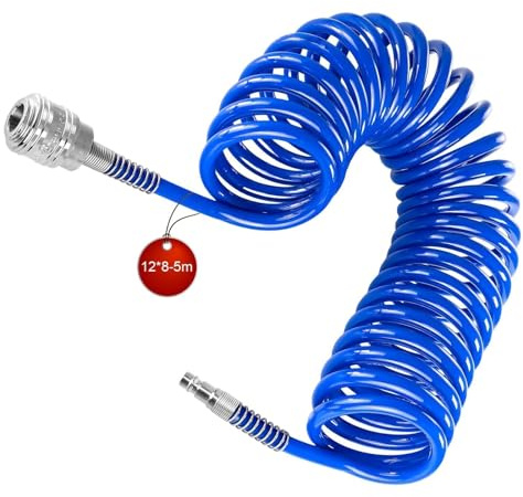 LNSYSNS Tubo Spiralato Aria Compressa max 12 Bar, 8 x 12 mm Tubo per Compressore Aria con Connettore da 1/4 Pollici, 5 m Raccordi Compressore D'aria, Blu, per Alimentazione D'aria Compressa