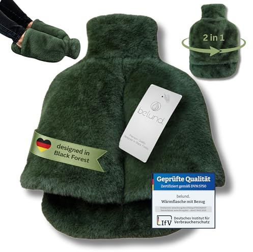belund.® Original Fußwärmer, flauschige Wärmflasche mit beidseitig extra dickem Plüsch-Bezug - 2in1 Bettflasche und Fußwärmflasche, Fußwärmer ohne Strom, weiche Wärmflasche in grün - Forest Green