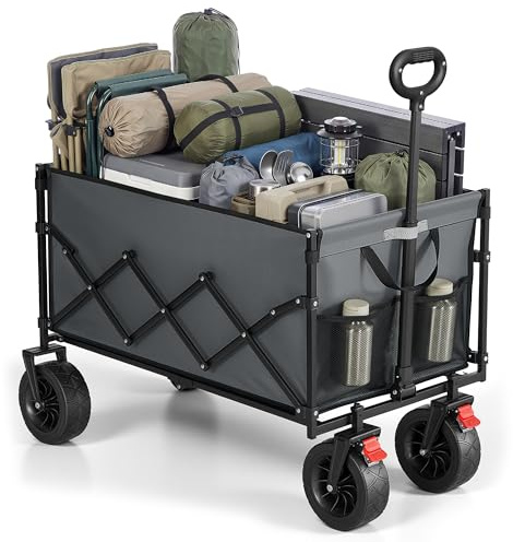 SONGMICS Hopfällbar skrinda, handvagn med handtag, trädgårdsvagn, för camping, 4 förstärkta hjul, varav 2 universalhjul, utomhus trädgård, belastbar upp till 180 kg, 200 L, duvgrå GFW201G101 | Trädgårdsvagn, 4 förstärkta hjul inklusive 2 universella, för utomhus, grågrå, samling SANDY GFW201G101