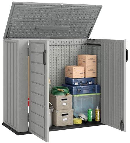 Outsunny Armario de Exterior de HDPE, 940L, Caseta de Jardín Exterior con Tapa Abatible, 2 Puertas, Cerradura, Cobertizo de Jardín para Almacenaje Herramientas, 142x67x119 cm, Gris Claro