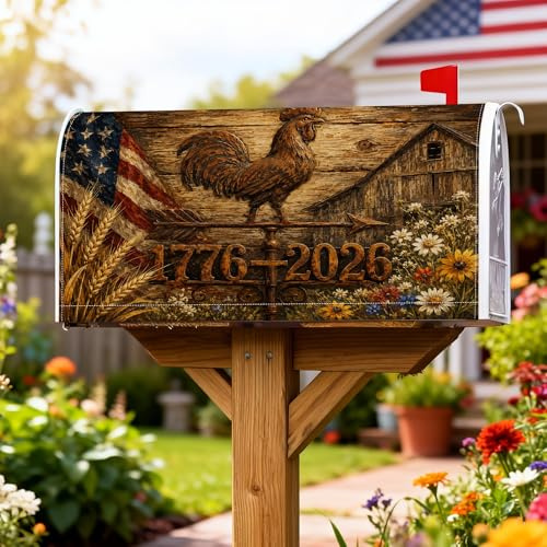 Coperture magnetiche per cassette postali a forma di gallo, rustiche con bandiera americana, copertura per cassetta della posta del 4 luglio, colore marrone, decorazione per giardino e patio, 53 x 64