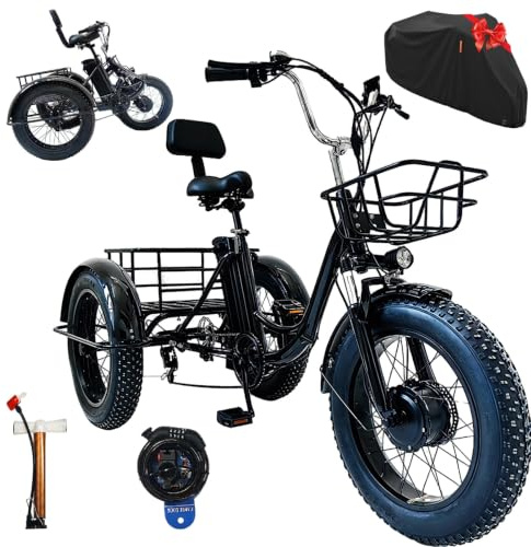 WuXQuuzlh Tricycle Electrique Adulte, Tricycle à 3 Roues en Acier Carbone, Paniers De Rangement Avant Et ArrièRe, Pneus Larges 20 Pouces, Charge Maximale 150kg pour Trajets Quotidiens et Courses