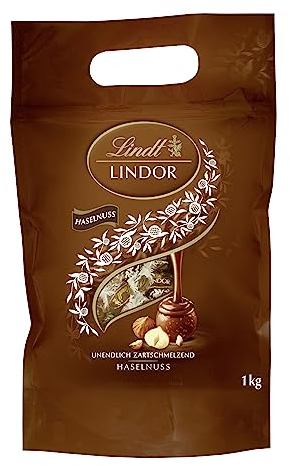 Lindt LINDOR, Haselnuss-Milch Schokolade Kugel Beutel, 1 kg Beutel wiederverschließbar, ca. 80 Kugeln, Großpackung, Pralinen-Geschenk, Schokoladengeschenk