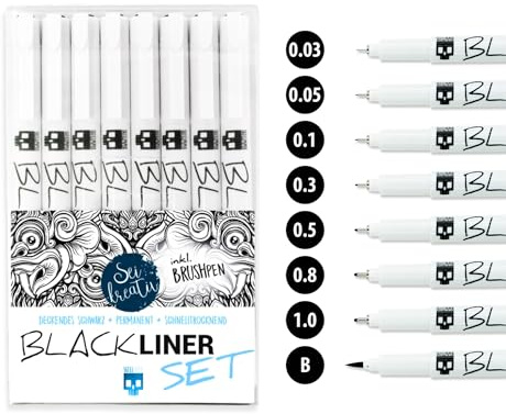 SKULLPAPER® Blackliner Set - 8 Stück inkl. Brushpen - schwarz, wasserfest schnelltrocknend deckend lichtecht hochpigmentiert für Bullet Journal, Skizze