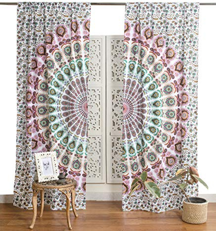 Popular Handicrafts Indian Hippie Bohemian Beautiful Peacock Mandala Curtain Panels White Multicolor