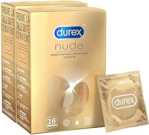 Durex NUDE - 32 Préservatifs pour Homme - Ultra Fins - Sensation Peau Contre Peau - Lot de 2 x 16 unités