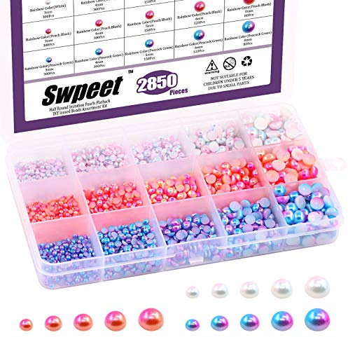 Swpeet Juego de 2850 perlas de imitación redondas de 3/4/5/6/8 mm, perlas artificiales de color arco iris, cuentas de plástico con parte trasera plana, perfectas para manualidades, manualidades