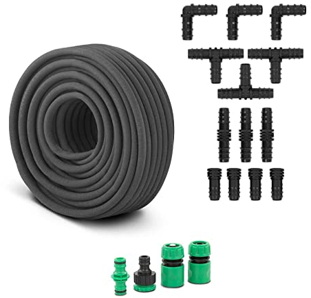 hillvert HT-COSTIGAN-50 Tropfschlauch 50 m mit Hahnstück, Tülle und verschiedenen Verbindungen Perlschlauch Drip Line Bewässerung Tropfschlauch