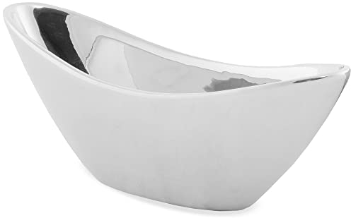 Moderne Deko-Schale in silber-farben glänzend aus Keramik - Ovale 27 cm Schiff Pflanzschale als Blumen-Schale - Terracotta Jardiniere als Blumen-Topf Pflanztopf oder Blumen-Gesteck Tisch-Deko
