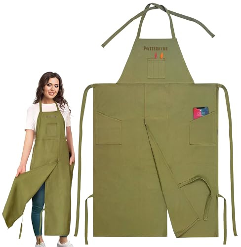 Potterhyme Full Coverage Pottery Apron Split Leg,100% Cotton Canvas Potter's Aprons For Men & Women,For Ceramic Wheel Throwing, Woodturning, Painting, Leather Carving, Green, S/L