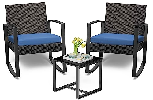 Bealife Rattan Balkonmöbel Set Balkon 2 Personen, Balkonmöbel Kleiner Balkon Outdoor, Balkonset 3 Teilig für Veranden, Innenhöfe, Terrassen, Balkone, Poolränder (Blau)