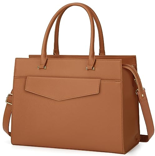 RAINSMORE Handtasche Damen Umhängetasche 2 in 1 Shopper Damen 15.6 Zoll Groß PU Leder Laptoptasche Damen Wasserdicht Arbeitstasche für Business Büro Schule Braun