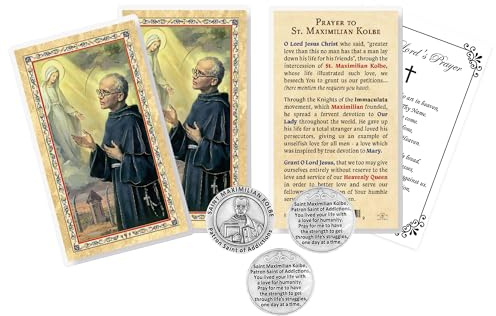 Saint Maximilian Kolbe bönkort - italienska St Kolbe-medaljsymboler, Herrens bön - laminerat St Maximilian Kolbe-kort - St Maximilian Kolbe-kort - St Maximilian Kolbe-bönkort, beskyddare av missbruk