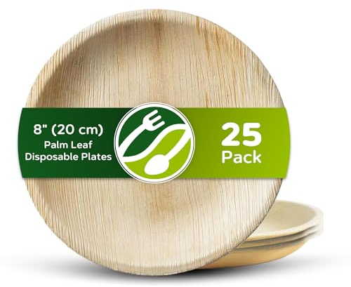 ECO Leaf 25 Disposable Palm Leaf Plates | 8”(20cm) Round Compostable Dinner Plates | Eco-Friendly, Biodegradable Heavy-Duty Plate for Wedding, Party & Picnic |Microwave & Oven Safe