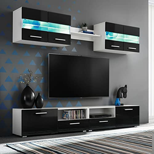 Festnight Conjunto de Muebles de Salón 5 Piezas con iluminación LED, Módulos Mueble Comedor Salón TV Completo, Mueble TV de Pared con LED y Puertas, Conjunto TV Salon Negro Brillante