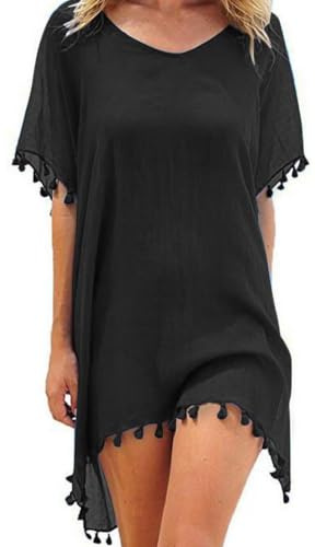 Hanaoops Mujer Suelto Vestido de Playa V Cuello Gasa Ropa de Baño con Borla Verano Traje de Baño Bikini Cover Up para Playa Chic Loose Semitransparente Camisolas y Pareos Vestido