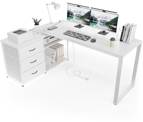 TRIUMPHKEY Bureau avec 3 tiroirs, 140 x 105 x 75 cm, Bureau d'angle avec étagères, réversible en Forme de L avec 2 Ports de Charge USB et 2 Prises de Courant, Bureaux pour Maison, Blanc