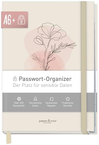paper&you® Livre de mots de passe A6+ avec onglet A-Z Dainty Flower pour 320 données d'accès, gestionnaire de mots de passe petit, livre de mots de passe allemand - durable & respectueux du climat