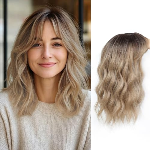 Flyroseing Hair Topper with Fringe, 6.5x6.5 Large Base Toppers for Thinning Hair Women, 14 Inch Brown Blonde with Dark Root Wavy Synthetic Wiglets Hairpieces for Women