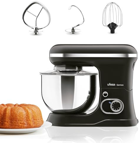 Ufesa Genius Batidora Amasadora 5 en 1 para Repostería Profesional, 1200W, 5L, Robot Cocina Multifunción, Bol en Acero Inoxidable, 6 Velocidades + Turbo, 3 accesorios incluidos, Sin BPA