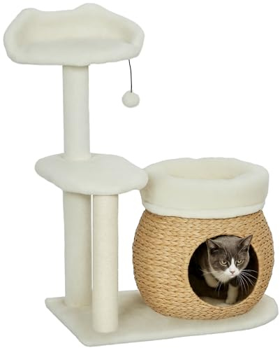 PawHut Kratzbaum 79 cm Katzenbaum mit Katzenhöhle, Bett, Spielbälle, Katzenkratzbaum mit Sisal-Kratzsäulen, für Katzen bis 5 kg, Cremeweiß