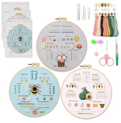 QEEYON Kit d'entraînement au point de broderie pour débutants, 3 ensembles de broderie pour adultes, apprentissage de 30 points différents, y compris tissu avec motifs, fil dentaire, aiguilles