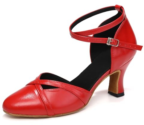 ZYXWVU Women's Closed Toe Dance Shoes Ankle Strap Ballroom Latin Salsa Dancing Shoes Red, 7 US