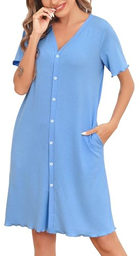Vlazom Camicie da Notte da Donna Estiva Camicia da Notte con Bottoni a Maniche Corte Scollo a V S-XXL，Blu，XXL