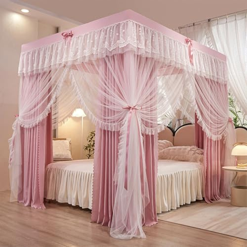 SCMTYWCQ 4 Corners Post Solid Color Bed Canopy Curtain Double Layer-Curtain & Ruffle Princess Mosquito Net 4 Opening Netting for Girls Teens Or Adults Bedroom Decoration (Pink, Queen)